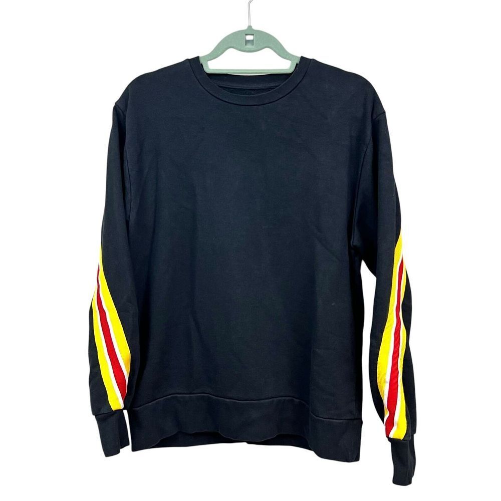 Topman Mens Sweatshirt Loose Fit Stripe Crew Neck Ribbed Hem Black Yellow Sz S*
